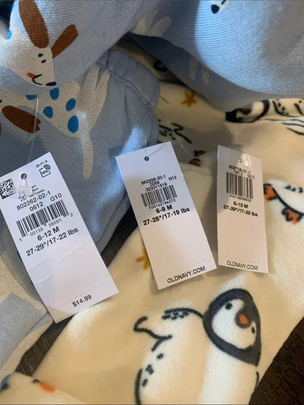 Old Navy Cream & Light Blue Footed One-Piece and Set with Penguins & Dogs